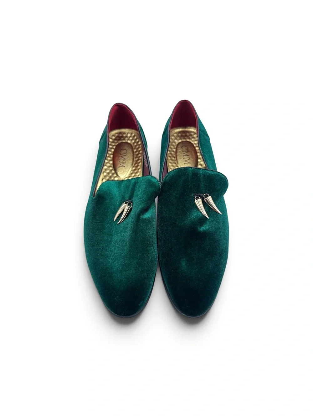 CMM Mens Emerald Green Velvet Loafers Gold Fang Slip On Shoes 11” Insole 10.5 11